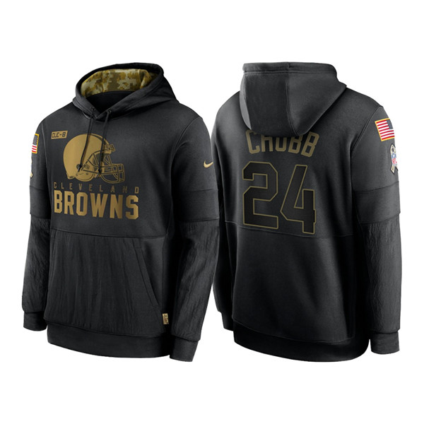 Men's Cleveland Browns #24 Nick Chubb 2020 Black Salute to Service Sideline Performance Pullover Hoodie - Click Image to Close